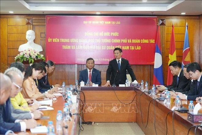 Deputy Prime Minister Ho Duc Phoc speaks at the meeting with the Vietnamese Embassy in Laos. (Photo: VNA) ho-duc-phoc-2.jpg