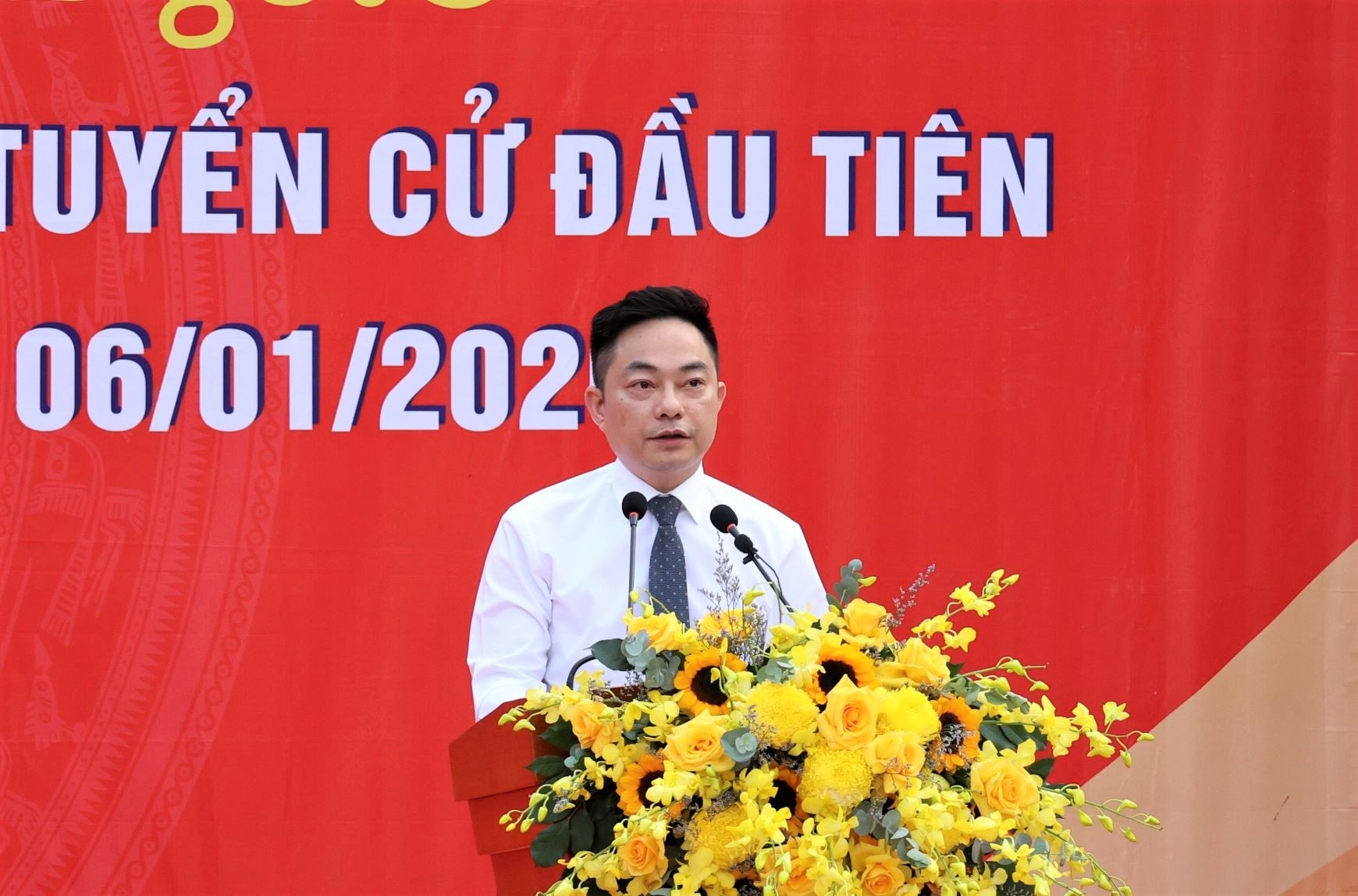 អនុប្រធាននាយកដ្ឋានវប្បធម៌ គ្រួសារ និងបណ្ណាល័យ លោក Nguyen Quoc Huy ថ្លែងមតិក្នុងពិធីបើកការតាំងពិព័រណ៍។