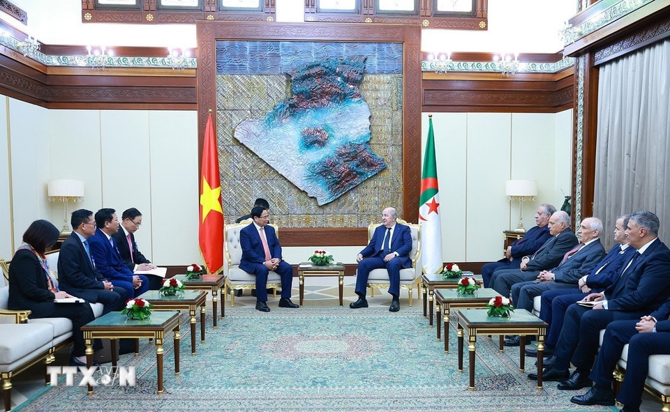 Thủ tướng Phạm Minh Chính hội kiến Tổng thống Algeria Abdelmadjid Tebboune. (Ảnh: Dương Giang/TTXVN)