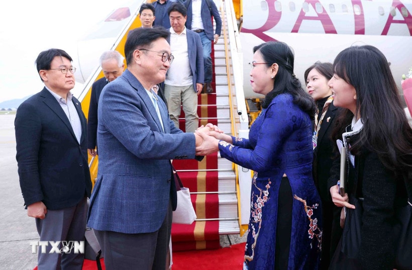 Chủ nhiệm Ủy ban Khoa học, Công nghệ và Môi trường của Quốc hội Nguyễn Thanh Hải đón Chủ tịch Quốc hội Hàn Quốc Woo Won Shik và Phu nhân tại sân bay Quốc tế Nội Bài. (Ảnh: Phạm Kiên/TTXVN)