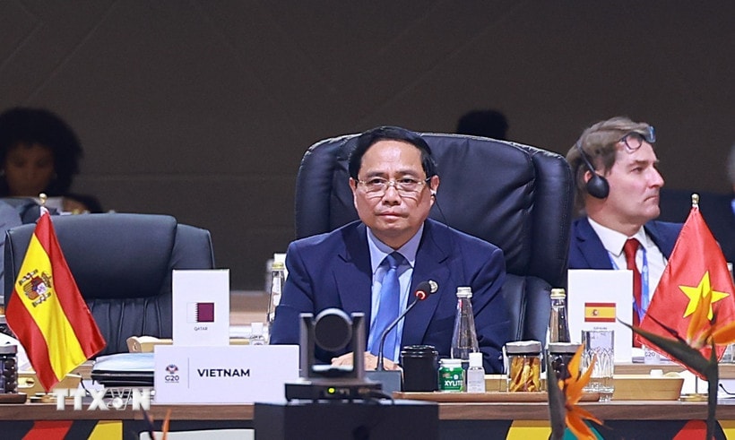 Thủ tướng Phạm Minh Chính phát biểu tại Phiên toàn thể Hội nghị Thượng đỉnh G20. (Ảnh: Dương Giang/TTXVN)