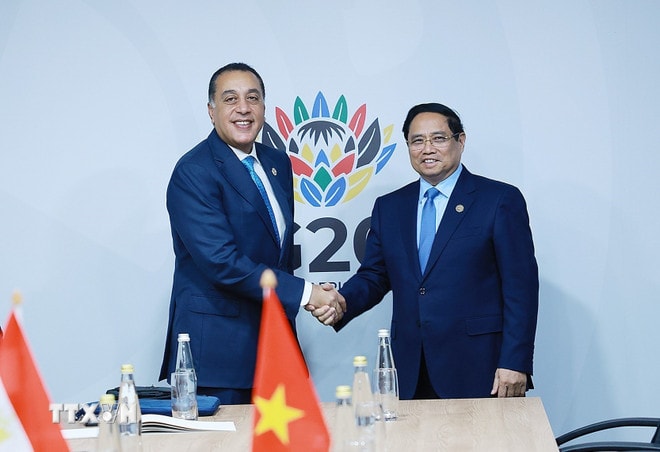 Thủ tướng Phạm Minh Chính gặp Thủ tướng Ai Cập Mostafa Madbouly. (Ảnh: Dương Giang/TTXVN) ttxvn-thu-tuong-pham-minh-chinh-gap-thu-tuong-ai-cap-mostafa-madbouly-8427983-3.jpg