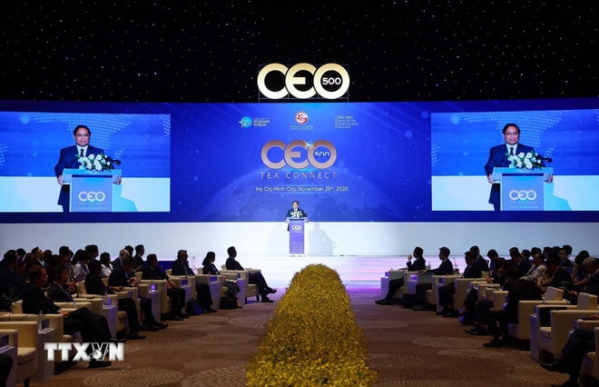 Thủ tướng Phạm Minh Chính phát biểu tại Chương trình CEO500- TEA CONNECT. (Ảnh: Dương Giang/TTXVN) ttxvn-thu-tuong-pham-minh-chinh-tham-du-chuong-trinh-ceo-500-tea-connect-8432280-6.jpg