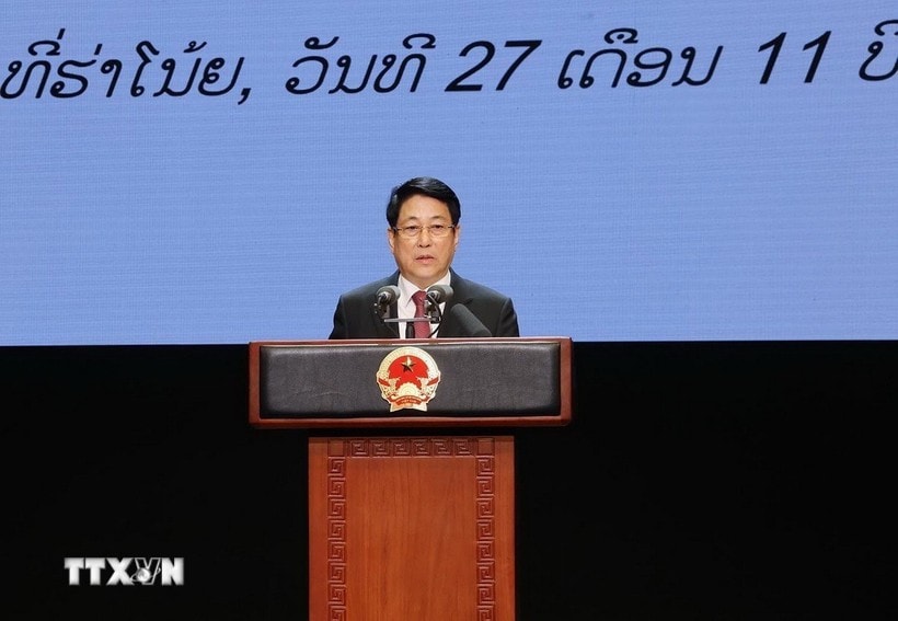 State President Luong Cuong speaks at the ceremony celebrating the 50th National Day of Laos (December 2, 1975-2025), and commemorating the 105th birth anniversary of late Lao President Kaysone Phomvihane (December 13, 1920-2025) on November 27. (Photo: VNA)