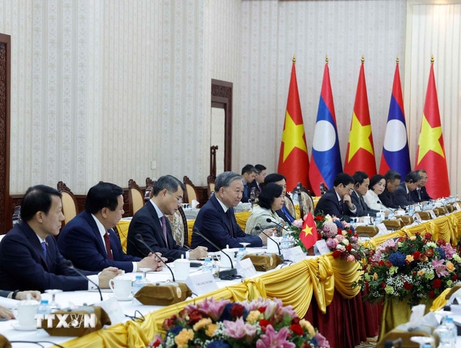 Tổng Bí thư Tô Lâm phát biểu tại cuộc hội kiến Thủ tướng Lào Sonexay Siphandone. (Ảnh: Thống Nhất/TTXVN) ttxvn-tong-bi-thu-to-lam-hoi-kien-thu-tuong-lao-0112-5.jpg