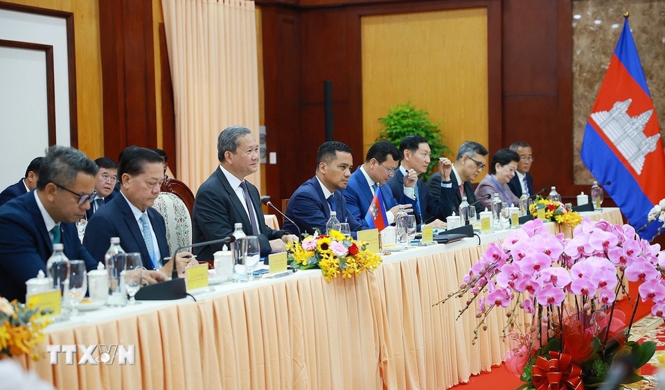 Thủ tướng Campuchia Hun Manet phát biểu tại cuộc hội đàm. (Ảnh: Dương Giang/TTXVN)
