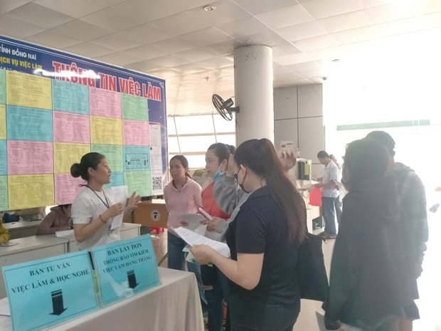 Nhân viên tư vấn việc làm – học nghề của Trung tâm giới thiệu việc làm tỉnh Đồng Nai đang hướng dẫn người lao động. Ảnh VLĐN