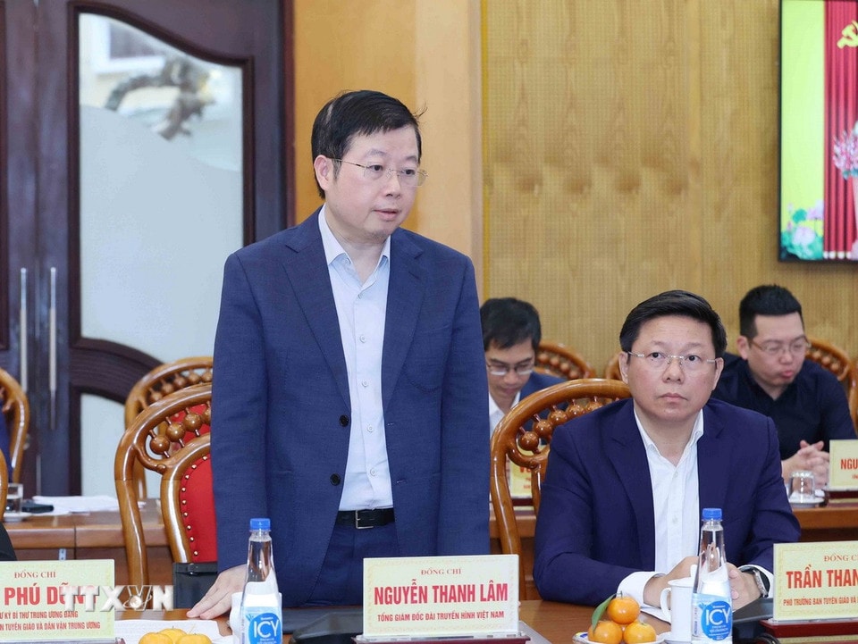 Ông Nguyễn Thanh Lâm, Tổng Giám đốc Đài Truyền hình Việt Nam, phát biểu tại buổi làm việc. (Ảnh: Phương Hoa/TTXVN)