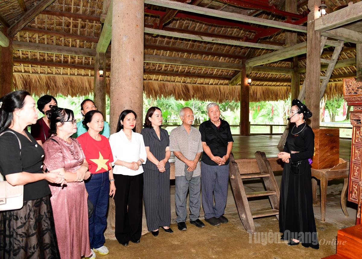 Đoàn Đại biểu nghe thuyết minh tại đình Tân Trào.