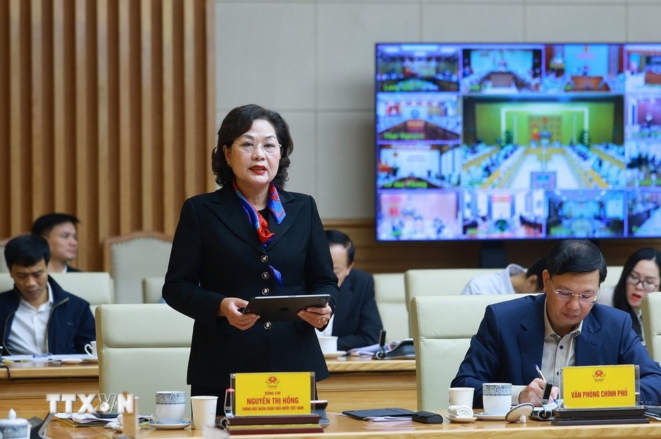 Guvernér Vietnamské státní banky Nguyen Thi Hong pronáší projev. (Foto: Duong Giang/VNA)