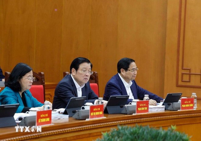 Các đại biểu tham dự phiên họp thứ hai của Ban Chỉ đạo Trung ương về hoàn thiện thể chế, pháp luật. (Ảnh: Thống Nhất/TTXVN) ttxvn-1712-tong-bi-thu-ban-chi-dao-trung-uong-hoan-thien-the-che-5.jpg