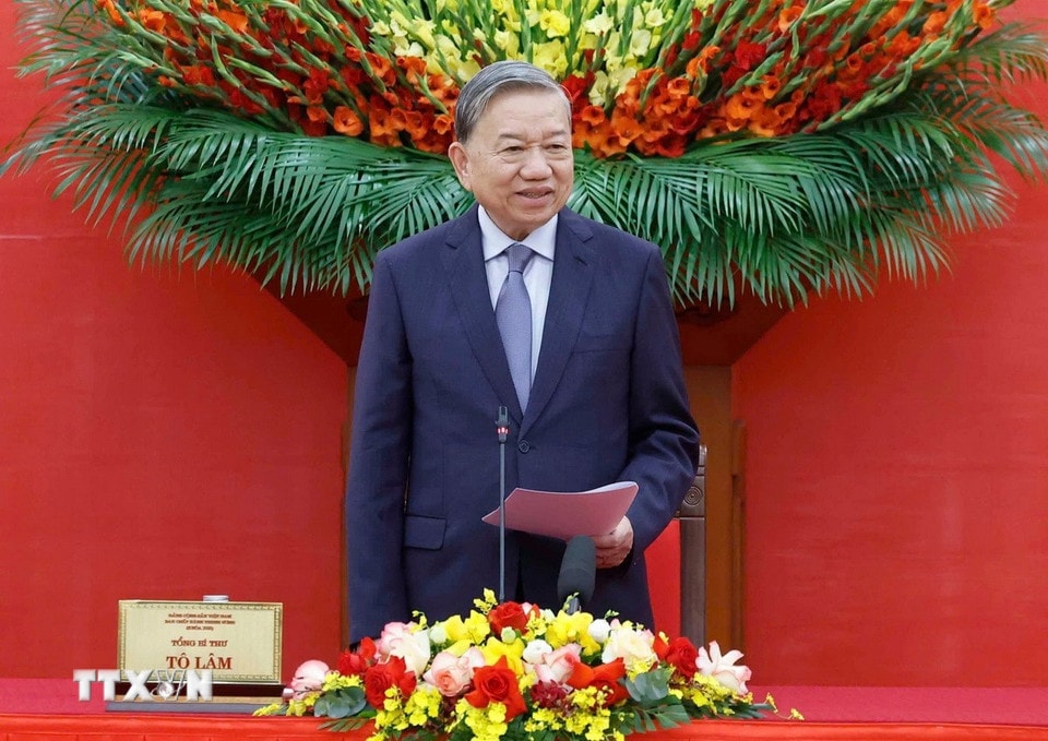 Tổng Bí thư Tô Lâm phát biểu tại buổi gặp mặt học sinh, sinh viên, thanh niên dân tộc thiểu số xuất sắc, tiêu biểu. (Ảnh: Thống Nhất/TTXVN)