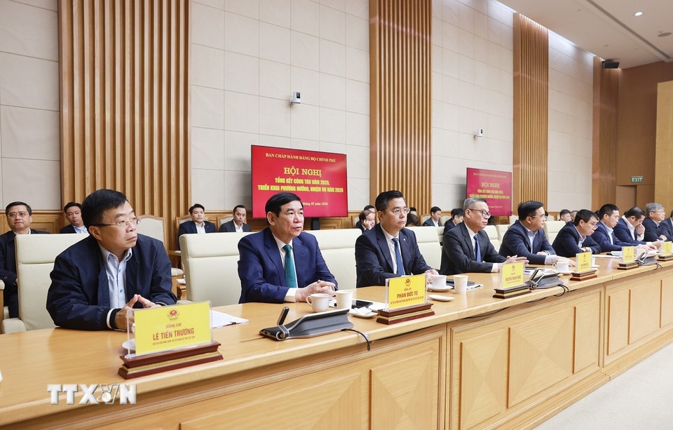 Các đại biểu tham dự Hội nghị tổng kết công tác năm 2025 và triển khai phương hướng, nhiệm vụ năm 2026 của Ban Chấp hành Đảng bộ Chính phủ. (Ảnh: Dương Giang/TTXVN)