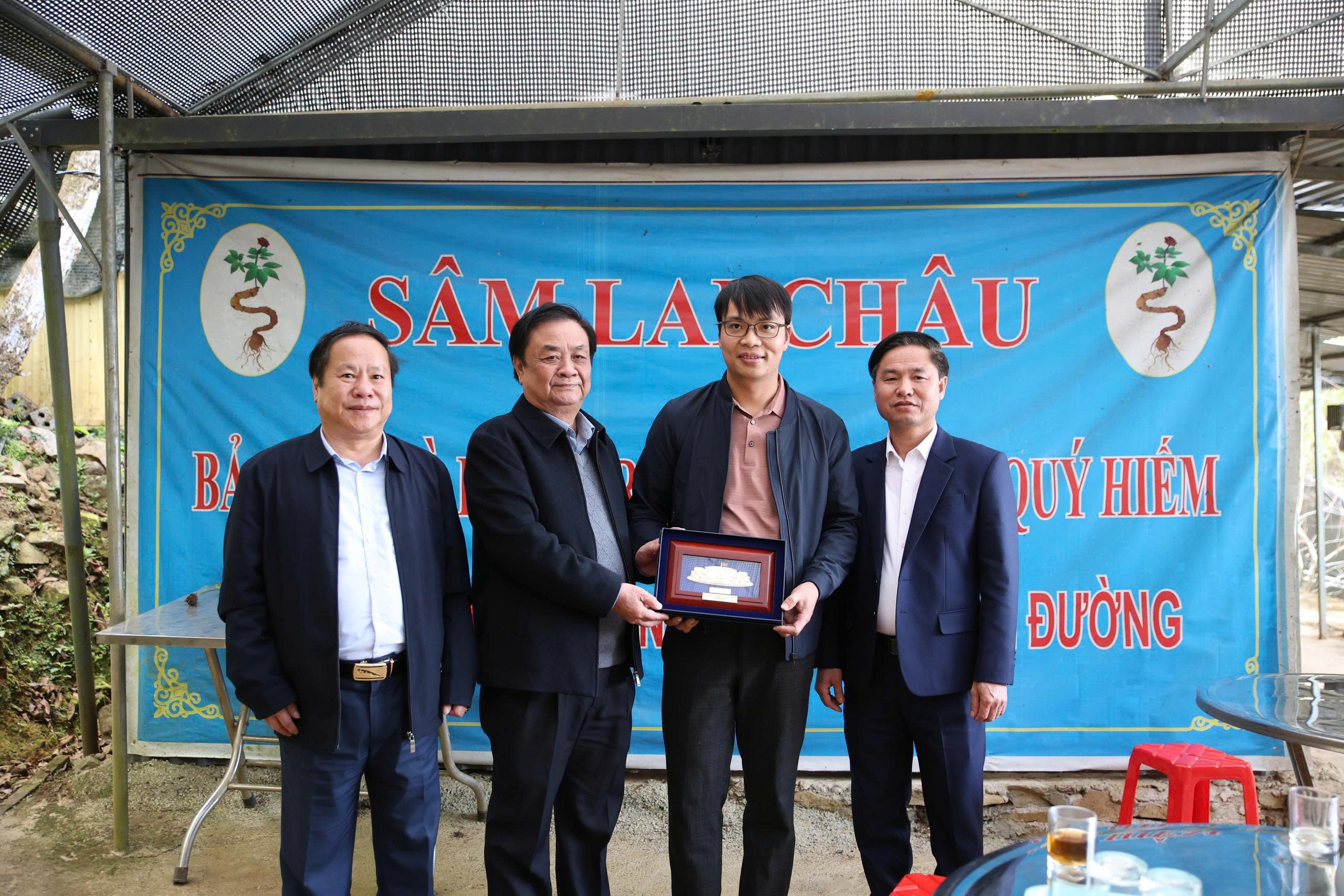 Phó Chủ tịch Quốc hội Lê Minh Hoan trao tặng biểu trưng Quốc hội Việt Nam cho HTX Bảo tồn và Phát triển giống sâm núi Lai Châu