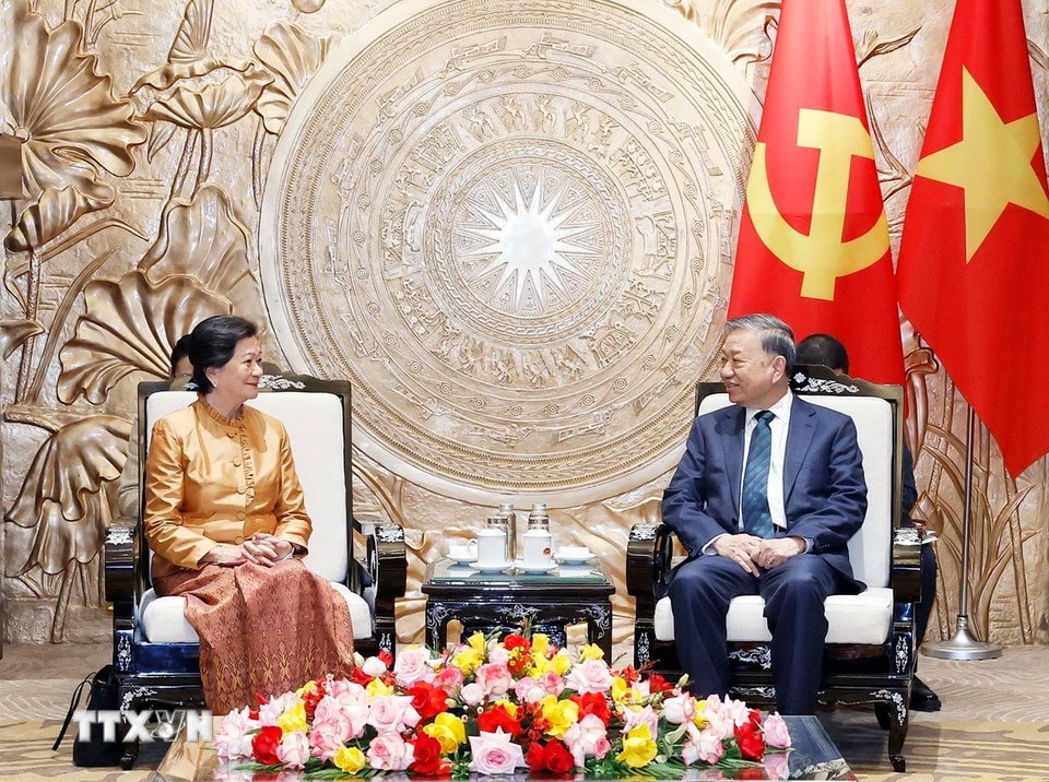 Tổng Bí thư Tô Lâm tiếp Đại sứ Vương quốc Campuchia tại Việt Nam Chea Kimtha. (Ảnh: Thống Nhất/TTXVN)