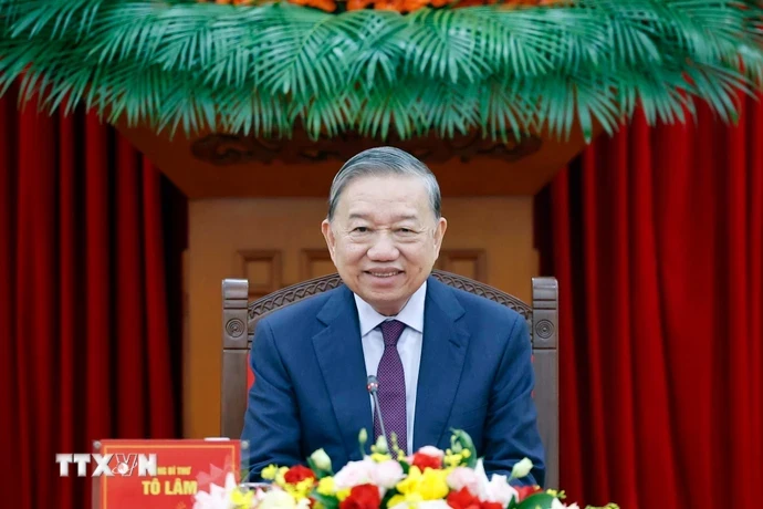 Tổng Bí thư Tô Lâm tại cuộc điện đàm với Tổng thống Liên bang Nga Vladimir Putin. (Ảnh: Thống Nhất/TTXVN)