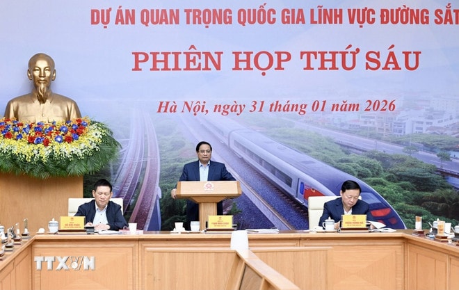 Thủ tướng Phạm Minh Chính chủ trì Phiên họp thứ sáu của Ban Chỉ đạo các công trình trọng điểm, dự án quan trọng quốc gia lĩnh vực đường sắt. (Ảnh: Dương Giang/TTXVN) ttxvn-3101-thu-tuong-du-an-quan-trong-quoc-gia-nganh-duong-sat.jpg