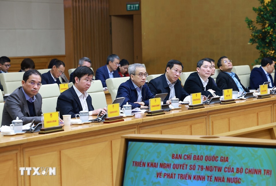 Các đại biểu tham dự Phiên họp lần thứ nhất của Ban Chỉ đạo về phát triển kinh tế nhà nước. (Ảnh: Dương Giang/TTXVN)