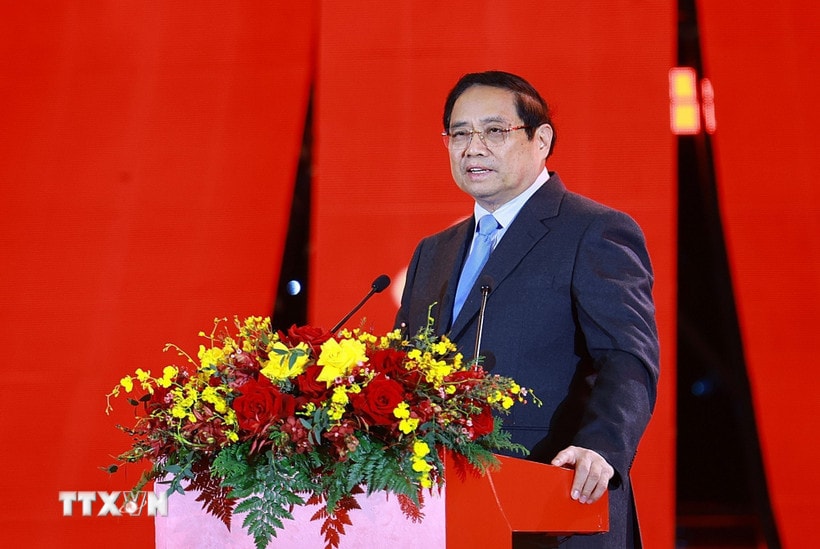 Thủ tướng Phạm Minh Chính phát biểu tại Lễ khai mạc Hội chợ Mùa Xuân lần thứ nhất - năm 2026. (Ảnh: Dương Giang/TTXVN)