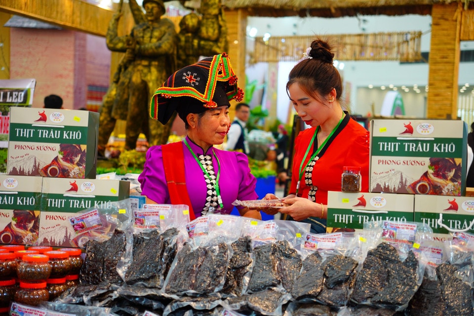 A woman in Thai ethnic costume introduces products at the Dien Bien province booth. (Photo: VNA)