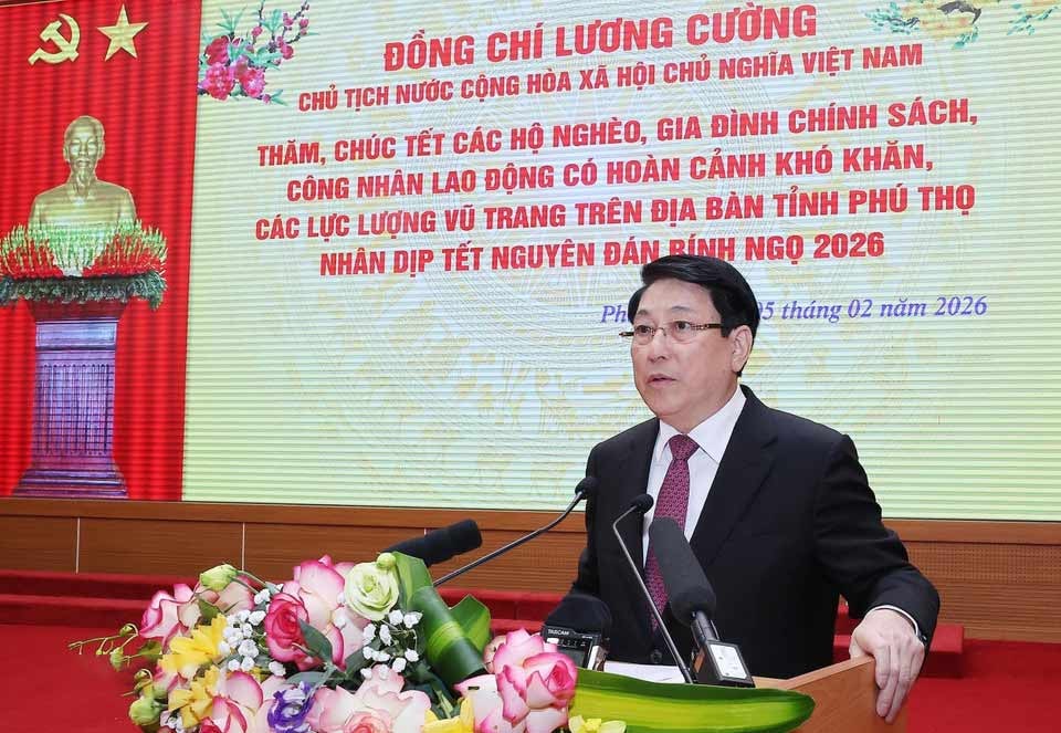 Chủ tịch nước Lương Cường chúc Tết Đảng bộ, chính quyền, nhân dân và các lực lượng vũ trang tỉnh Phú Thọ. Ảnh: Lâm Khánh/TTXVN