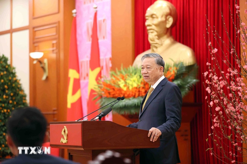 Tổng Bí thư Tô Lâm phát biểu tại buổi gặp mặt. (Ảnh: An Đăng/TTXVN)