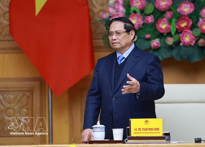 Prime Minister Pham Minh Chinh speaks at a meeting with a delegation of leaders from 37 member companies of the Japan Chamber of Commerce and Industry. (Photo: VNA)