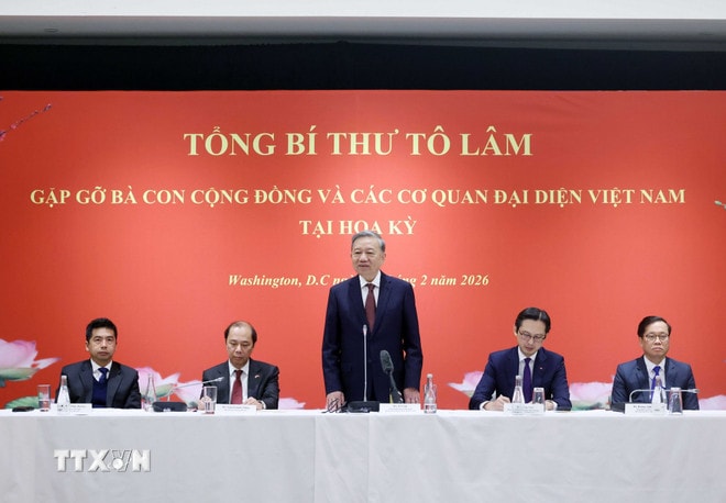 Tổng Bí thư Tô Lâm phát biểu tại buổi gặp gỡ. (Ảnh: Thống Nhất/TTXVN) ttxvn-tong-bi-thu-to-lam-gap-go-ba-con-cong-dong-va-cac-co-quan-dai-dien-viet-nam-tai-hoa-ky-1.jpg