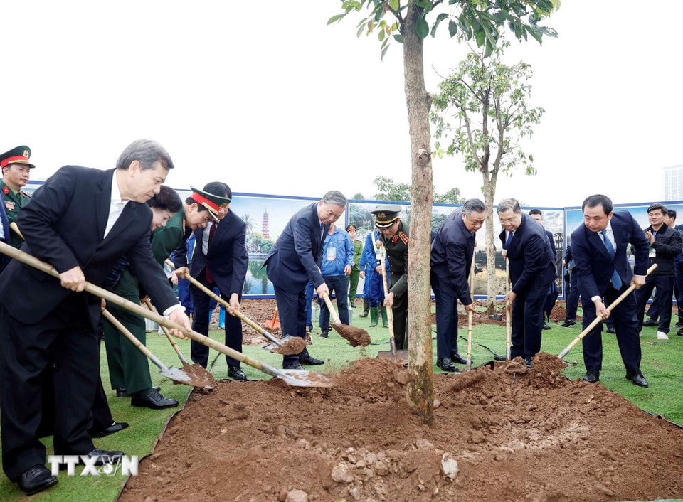 Tổng Bí thư Tô Lâm và các đại biểu tham gia trồng cây tại Lễ phát động “Tết trồng cây đời đời nhớ ơn Bác Hồ” Xuân Bính Ngọ 2026. (Ảnh: Thống Nhất/TTXVN)