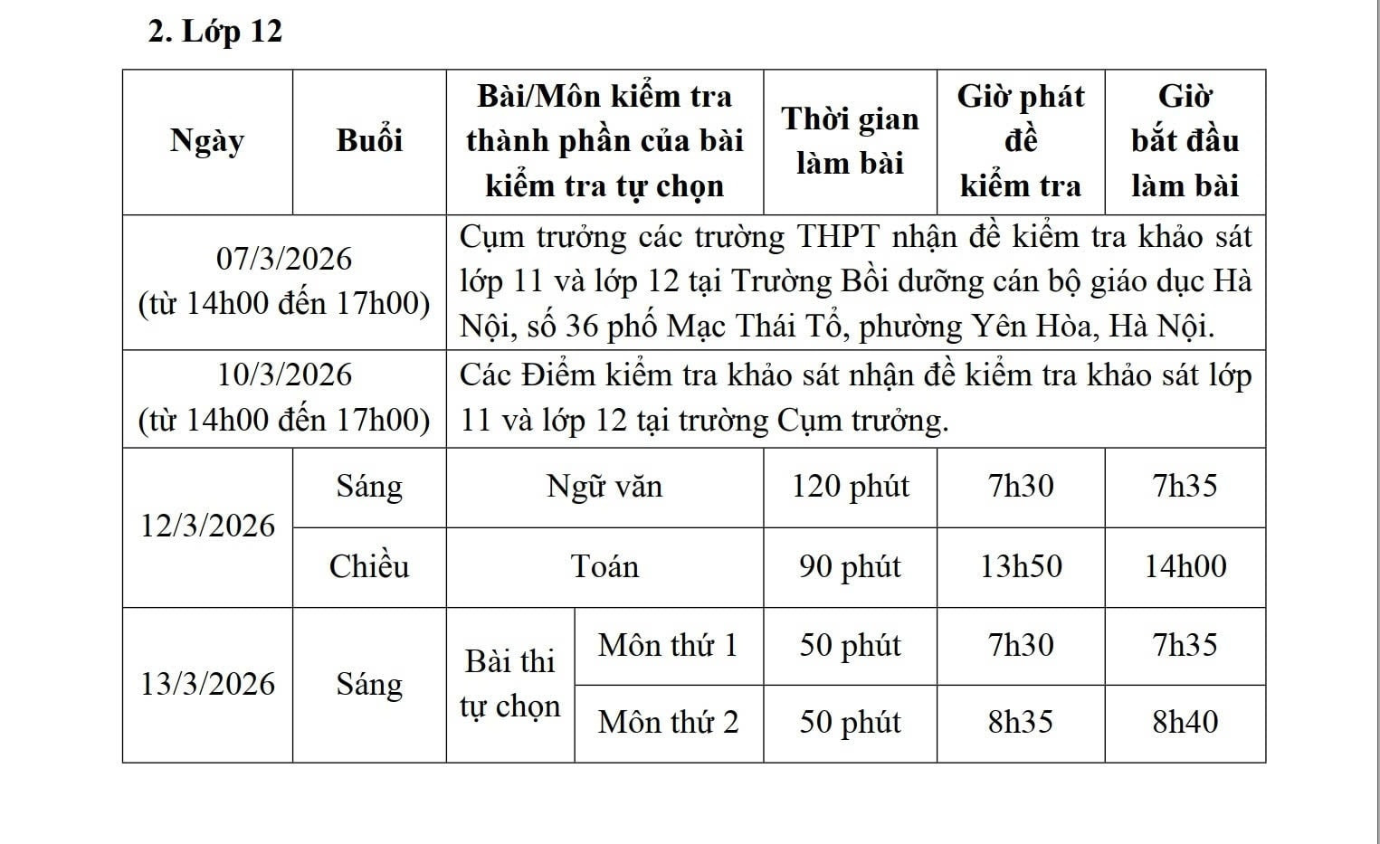 lịch thi lớp 12