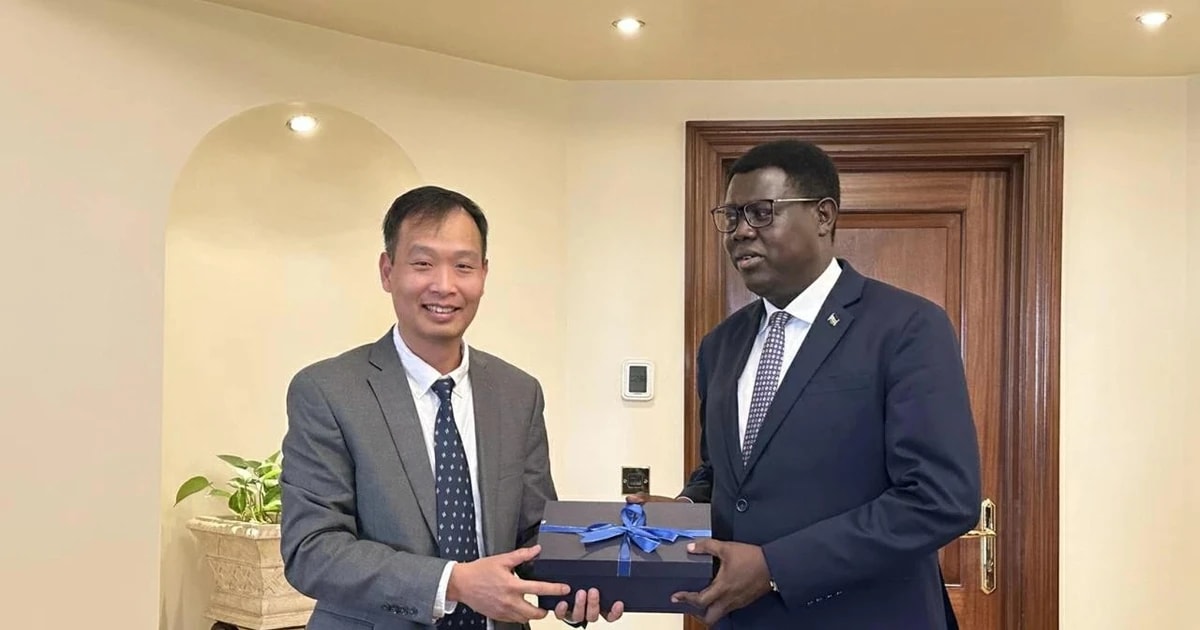 Vietnamese Ambassador to Egypt and South Sudan Nguyen Nam Duong (L) presents gift to South Sudanese Minister of Foreign Affairs and International Cooperation Monday Semaya Kumba (Photo: VNA)