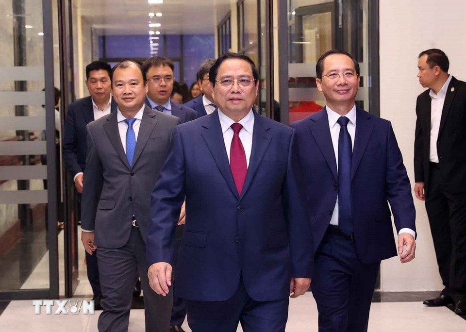 Sáng 28/2/2026, tại Hà Nội, Thủ tướng Chính phủ Phạm Minh Chính thăm và làm việc với Học viện Hành chính và Quản trị công thuộc Học viện Chính trị quốc gia Hồ Chí Minh. (Ảnh: Văn Điệp/TTXVN)