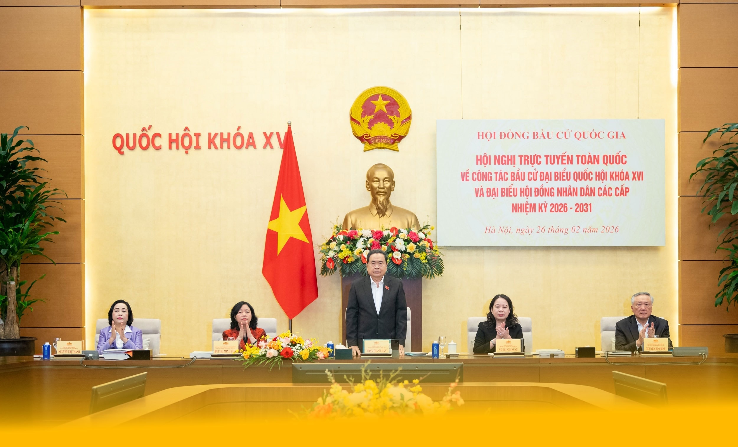 Chủ tịch Quốc hội Trần Thanh Mẫn chủ trì Hội nghị trực tuyến toàn quốc triển khai công tác bầu cử. Ảnh: Phạm Thắng