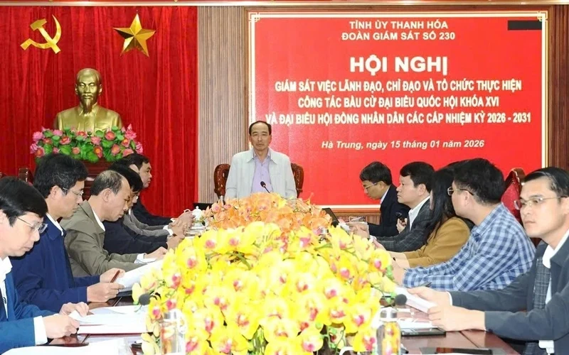 Phó Chủ tịch Thường trực HĐND tỉnh Lê Tiến Lam phát biểu tại buổi giám sát công tác chuẩn bị bầu cử ĐBQH khóa XVI và đại biểu HĐND các cấp nhiệm kỳ 2026-2031 tại các xã Hà Trung, Tống Sơn, Hà Long, Hoạt Giang, Lĩnh Toại. Ảnh: Phan Nga