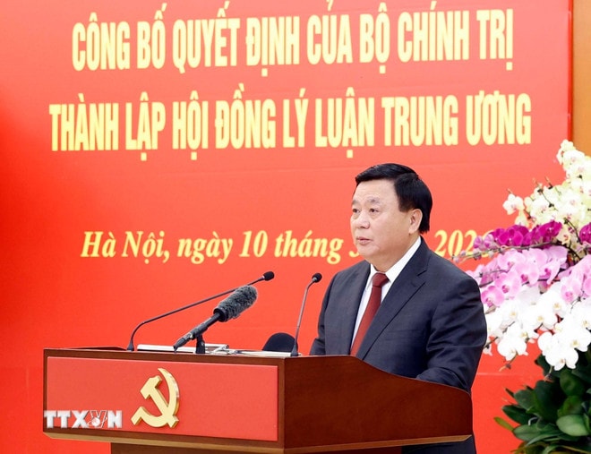 Đồng chí Nguyễn Xuân Thắng, Chủ tịch Hội đồng Lý luận Trung ương nhiệm kỳ 2026-2031 phát biểu. (Ảnh: Thống Nhất/TTXVN) ttxvn-1003-tong-bi-thu-hoi-dong-ly-luan-trung-uong-7.jpg