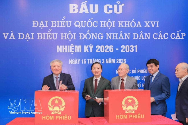 Permanent Deputy Prime Minister Nguyen Hoa Binh (first, left), who is also Vice Chairman of the National Election Council, Deputy Prime Minister Tran Hong Ha (second, left) and other voters cast their ballots at Polling Station No. 7 in Phuc Loi ward, Hanoi, on March 15. (Photo: VNA)