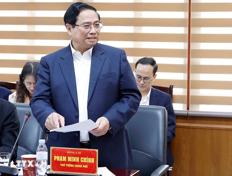 Thủ tướng Phạm Minh Chính phát biểu tại buổi làm việc. (Ảnh: Thống Nhất/TTXVN)