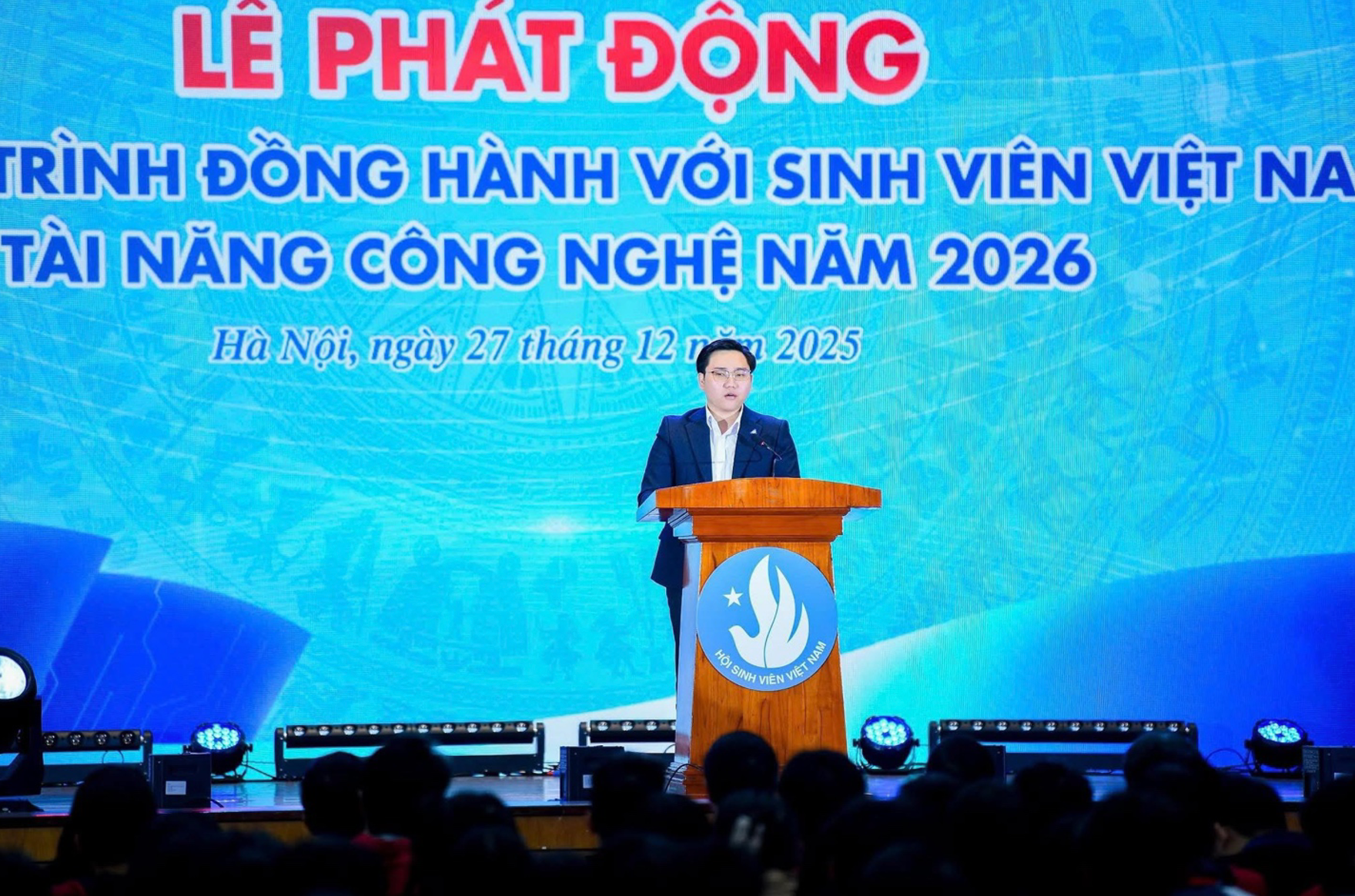 Đại diện sinh viên Việt Nam phát biểu tại Lễ phát động Chương trình đồng hành với sinh viên Việt Nam tài năng công nghệ năm 2026 (do Trung ương Hội sinh viên Việt Nam tổ chức)