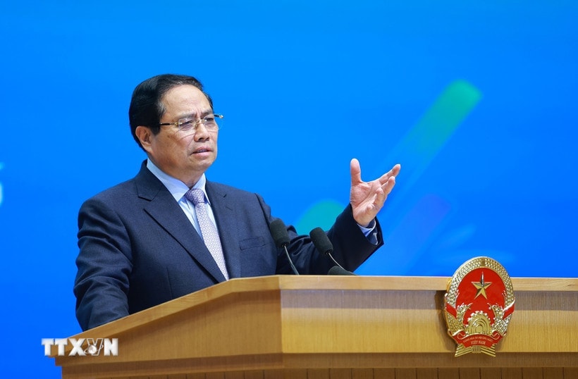 Thủ tướng Phạm Minh Chính phát biểu tại buổi gặp mặt Gương mặt trẻ Việt Nam tiêu biểu, triển vọng và cán bộ Đoàn tiêu biểu. (Ảnh: Dương Giang/TTXVN)