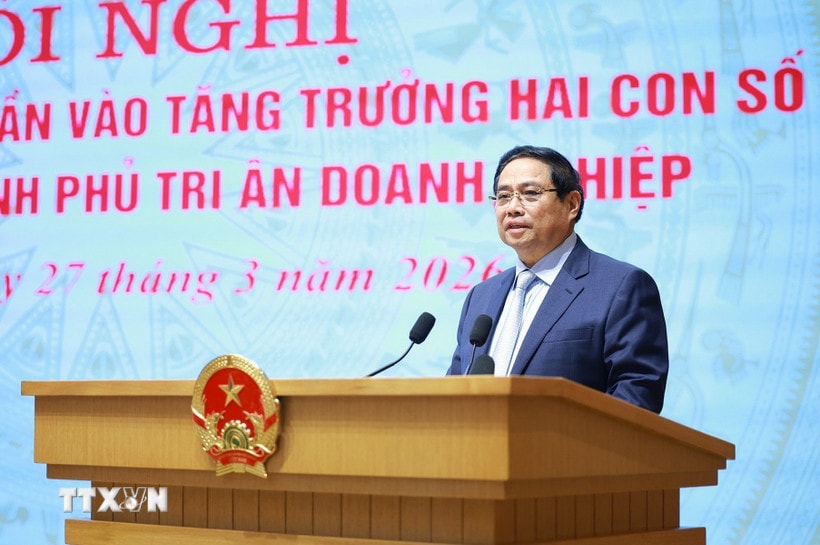 Thủ tướng Phạm Minh Chính chủ trì Hội nghị Doanh nghiệp góp phần vào tăng trưởng hai con số và Thủ tướng Chính phủ tri ân doanh nghiệp. (Ảnh: Dương Giang/TTXVN)