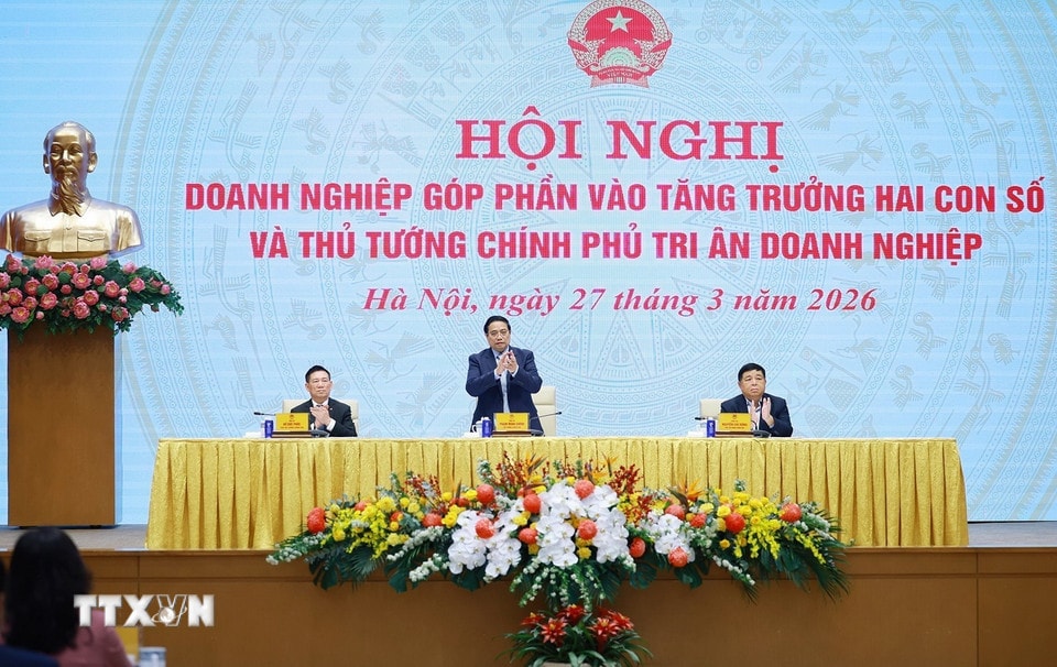 Thủ tướng Phạm Minh Chính chủ trì Hội nghị Doanh nghiệp góp phần vào tăng trưởng hai con số và Thủ tướng Chính phủ tri ân doanh nghiệp. (Ảnh: Dương Giang/TTXVN)