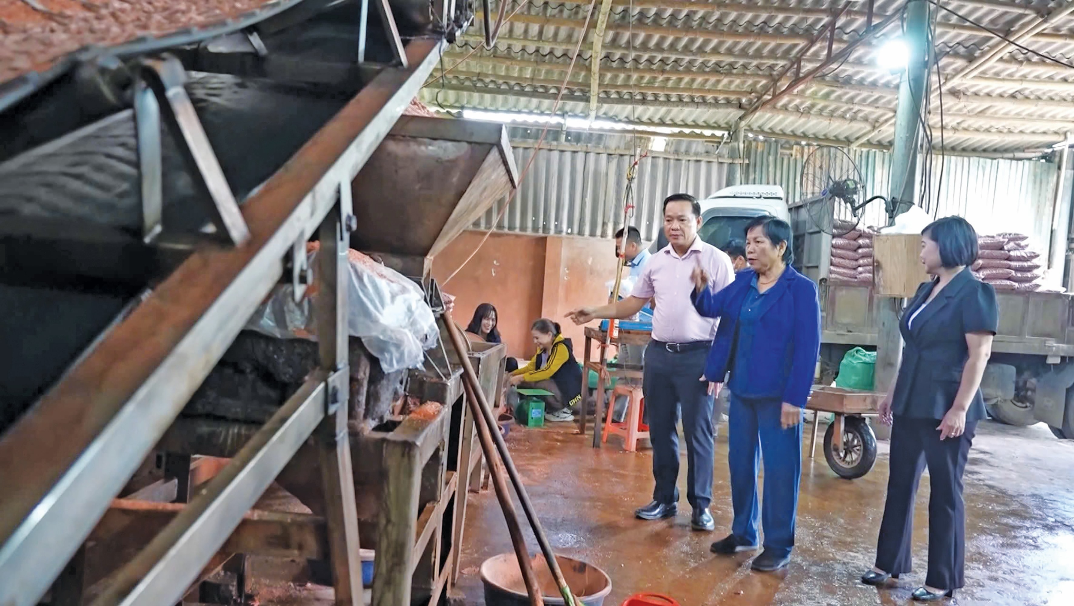 Giám đốc Nguyễn Thị Năng (áo xanh) giới thiệu quy trình sản xuất viên phân nén dúi sâu với cán bộ NHCSXH Lào Cai. Ảnh: T. Trung