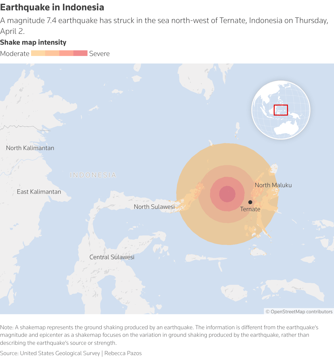 Map showing a 7.4‑magnitude earthquake in the sea northwest of Ternate, Indonesia, on April 2. Concentric orange‑red rings indicate moderate to severe shaking across North Maluku and parts of Sulawesi.
