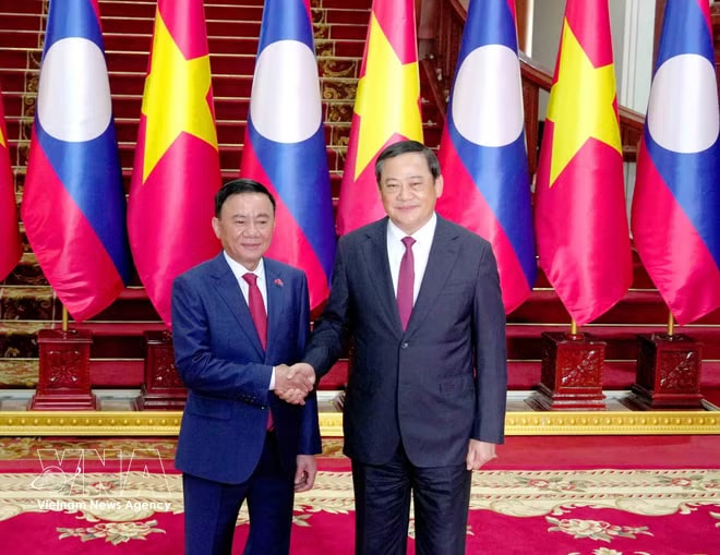 Politburo member and Permanent member of the Communist Party of Vietnam Central Committee’s Secretariat Tran Cam Tu (L) meets with Lao Prime Minister Sonexay Siphandone in Vientiane on April 9. (Photo: VNA) vnanet-potal-thuong-truc-ban-bi-thu-tran-cam-tu-hoi-kien-thu-tuong-lao-sonexay-siphandone-8690296.jpg