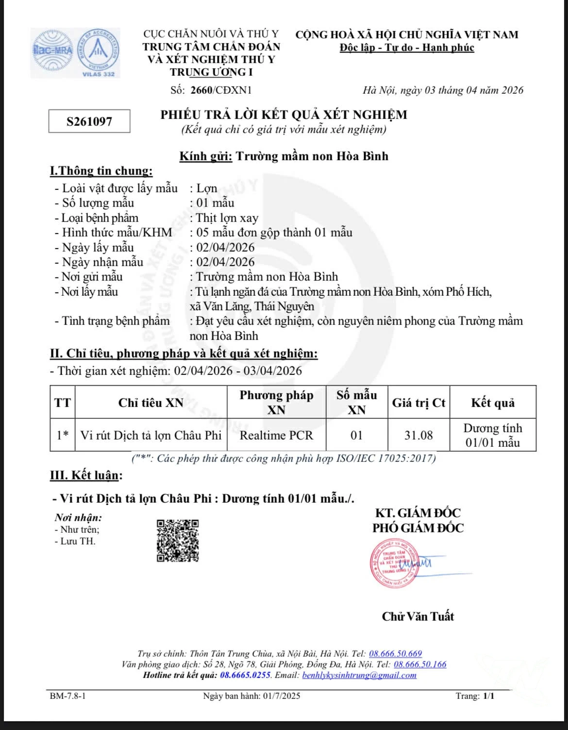 Kết quả xét nghiệm của Trung tâm Chẩn đoán và Xét nghiệm thú y Trung ương I ( Cục Chăn nuôi và Thú y).