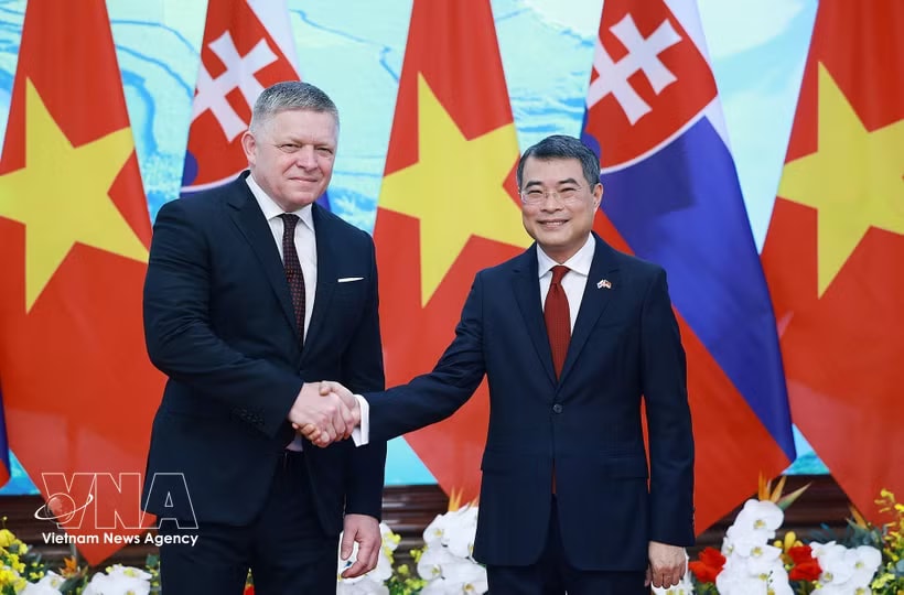 Prime Minister Le Minh Hung (right) and his Slovak counterpart Robert Fico meets in Hanoi on April 13. (Photo: VNA)