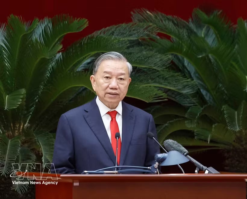 Party General Secretary and State President To Lam speaks at the conference (Photo; VNA)