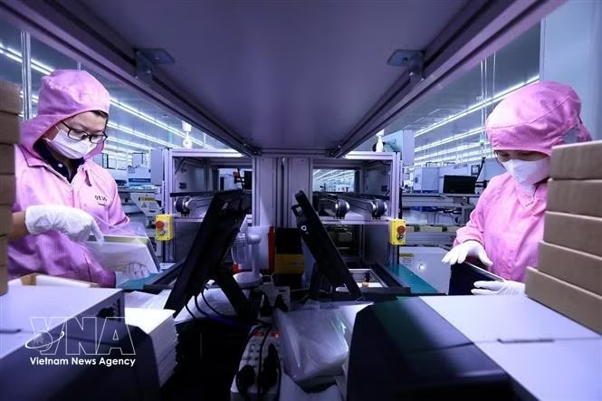 Employees work at Toyo Solar Co. Ltd., a Japanese-invested company in the Cam Khe Industrial Park of Phu Tho province, with a total investment of 200 million USD in 2023. (Photo: VNA)