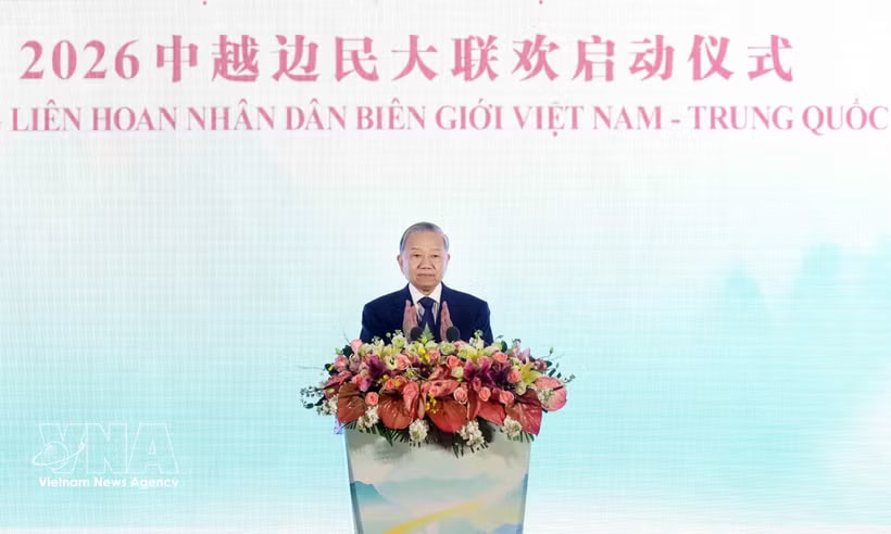 General Secretary of the Communist Party of Vietnam Central Committee and State President To Lam speaks at the launch ceremony of the Vietnam–China Border People’s Festival 2026 on April 17 in Nanning city of Guangxi as part of his state visit to China. (Photo: VNA)