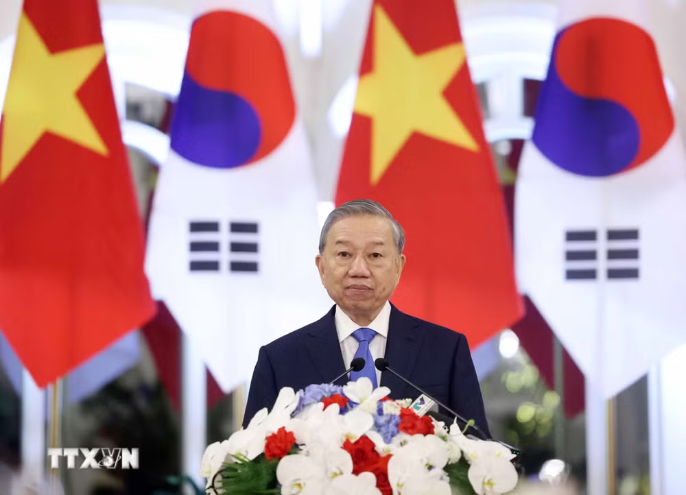 Tổng Bí thư, Chủ tịch nước Tô Lâm phát biểu. (Ảnh: Thống Nhất/TTXVN) ttxvn-tong-bi-thu-chu-tich-nuoc-to-lam-va-phu-nhan-chu-tri-chieu-dai-trong-the-tong-thong-lee-jae-myung-va-phu-nhan-8719600-5.jpg